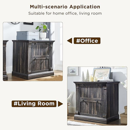 OKD Farmhouse File Cabinet with 2 Drawers, 30" Lateral Filing Cabinet, Hanging File Folders, Interlocking Drawers, Rustic Oak Wood, Brown, Home Office, Living Room, 30" x 22" x 10.2"