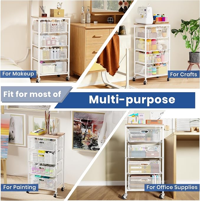 Goovilla Kitchen Cart with Drawers, 4 Tier Metal Rolling Utility Cart Organizer on Lockable Wheels with Wooden Top, White Fruit Vegetable Storage Rack Also for Cans, Snack, Craft, Art, Office, Beauty