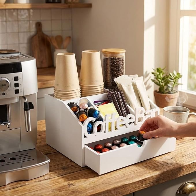 Coffee Bar Organizer for Countertop – Wooden Coffee Station with Drawer, Tea and K Cup Storage Condiment Rack, Coffee Pod Holder for Home and Office Organization (Drawer - White)