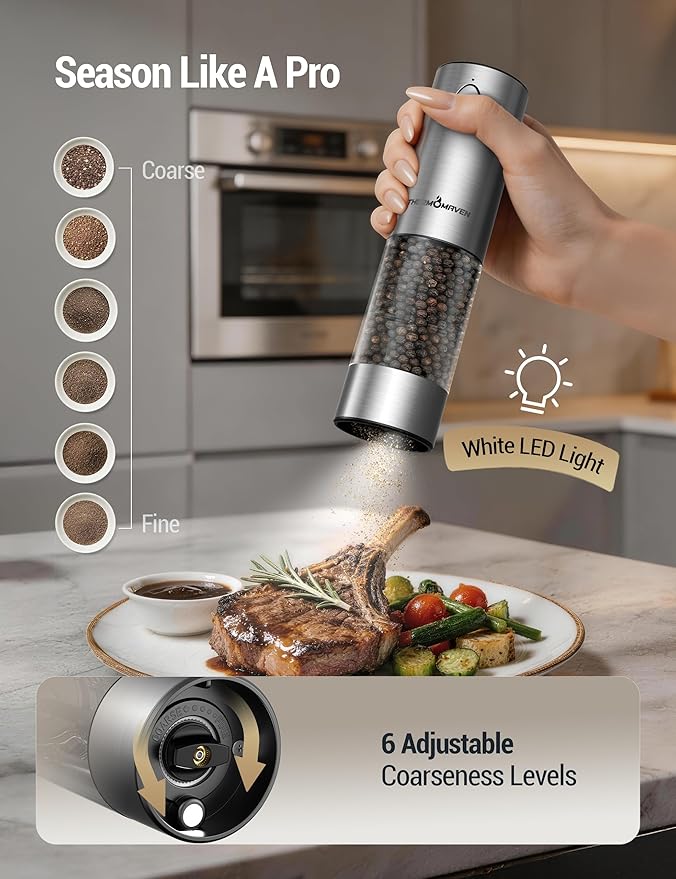 ThermoMaven Electric Salt and Pepper Grinder Set, 110ml Larger Rechargeable Automatic Salt and Pepper Mill Grinder with 6 Adjustable Coarseness, Electric Salt and Pepper Shakers, LED, Mint Green