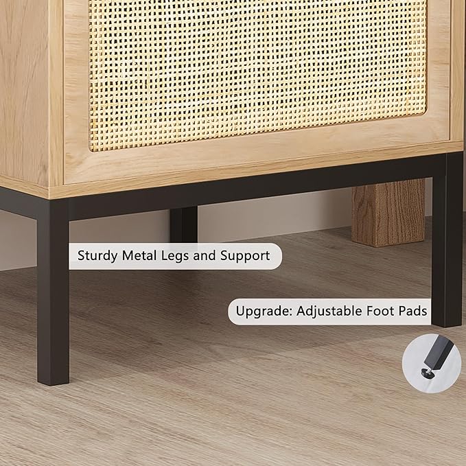 XIAO WEI Natural Rattan Nightstand Set of 2, Boho Night Stand with Drawers, Bedside Table Accent Cane End Table Side Table for Bedroom Living Room, Metal Legs/Small/Natural