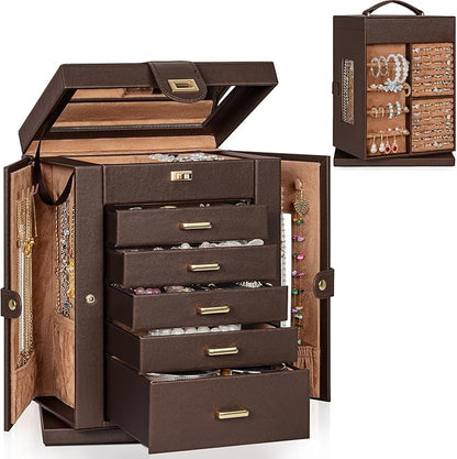 AKOZLIN 360° Rotating Jewelry Box 6-Tier Organizer Functional 360° Rotating Jewelry Storage Case for Women Girls Ring Necklace Earring Bracelet Holder with Mirror Brown