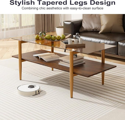 Glass Coffee Table, Rectangle Living Room Center Table with Golden Legs, Mid-Century Modern Accent Tables with Open Shelf for Living Room, Office, Brown