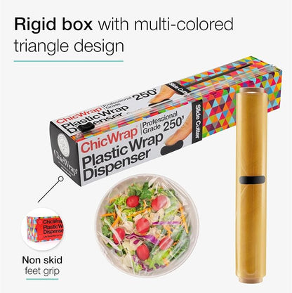 Chicwrap Triangles Refillable Plastic Wrap Dispenser - Includes One 12" x 250' Roll of Professional Grade Plastic Wrap - BPA Free and Kosher Certified - Reusable Dispenser w/Slide Cutter