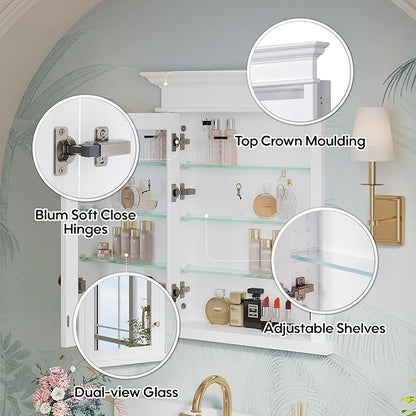 WELLFOR 26"x 32" Bathroom Medicine Cabinet with 3-Tier Adjustable Glass Shelves, Recessed Solid Wood Medicine Cabinet with Mirrors and Soft-Close Door