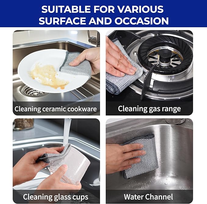Wangjinpeng 24 Pcs New Upgrade 3-Layer Metal Dish Cloths, Non-Scratch Odor-Free Multipurpose Wire Dishwashing Rags for Wet Dry Use, Kitchen Cleaning Cloths for Dishes, Sinks & Stove Tops(7.87X7.87)