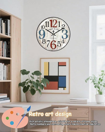 Decorative Wall Clocks Batterys Operated, Retro Wall Clock with Glass Dial, 12-Inch Dial with Roman Numerals, Silent and No Ticking, Suitable for Living Room, Bedroom, Dining Area, Workspace