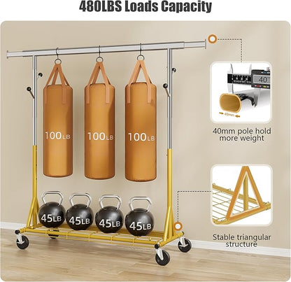 Rolling Clothes Rack Load 530lbs,Heavy Duty Garment Rack With Sturdy Wheel And Shelves, Adjustable Portable Hanging Rack For Clothes, Gold