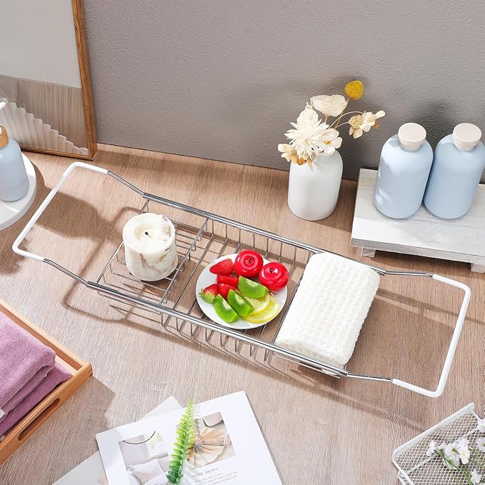 Cabilock Bathtub Tray - Stainless Steel Bathtub Caddy, Expandable Extra Wide Bath Tub Organizer, Rust-Resistant Over The Tub Shelf Rack with Non-Slip Grips for Phone Book Wine Glass, Silver
