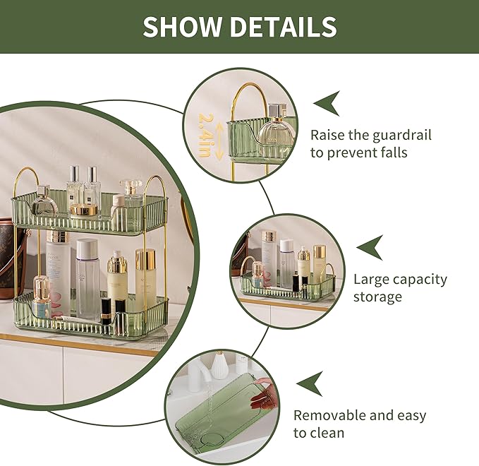 Akinbas 2 Tier Bathroom Organizer Countertop Makeup Perfume Tray Skincare Organizer for Bathroom Dresser Vanity (Green)