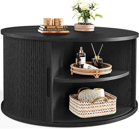 LINSY HOME Round Coffee Table, 31.5" Drum Coffee Table with Sliding Tambour Door, Fluted Accent Center Table with Storage, Mid Century Modern Coffee Table for Living Room (Black)