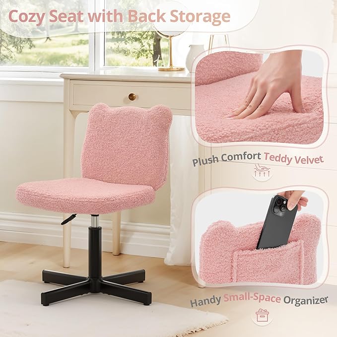LUE BONA Adjustable Vanity Stool Chair with Girly Bear Ear Wide Back, 360° Swivel Vanity Stool for Makeup Room, Upholstered Teddy Velvet Ottoman for Girls, 350lbs, Pink