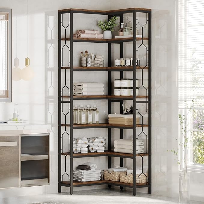 Tribesigns Corner Shelf, 7-Tier Industrial Corner Bookshelf, Wood and Metal Etagere Bookcase, Freestanding Display Shelf for Living Room, Kitchen, Home Office, Rustic Brown | Corner Bookshelf, Etagere Bookcase, Display Shelf, Living Room, Kitchen, Home...