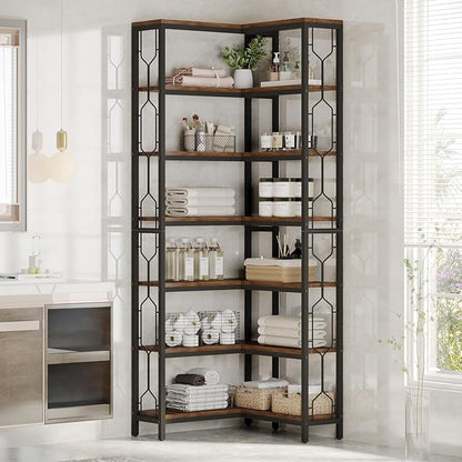 Tribesigns Corner Shelf, 7-Tier Industrial Corner Bookshelf, Wood and Metal Etagere Bookcase, Freestanding Display Shelf for Living Room, Kitchen, Home Office, Rustic Brown | Corner Bookshelf, Etagere Bookcase, Display Shelf, Living Room, Kitchen, Home...