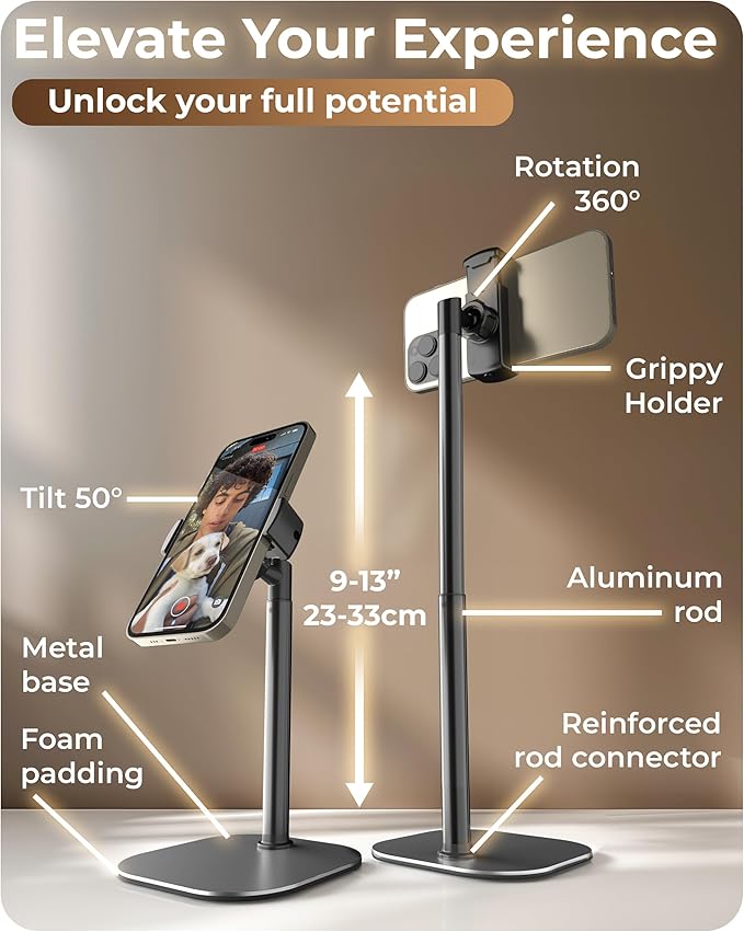 COOPER ChatStand, Adjustable Cell Phone Stand for Desk, Phone Stand for Recording, iPhone Holder for Filming, Small Tripod for iPhone, Fits Samsung, Android Smartphones, (Metallic Gray)