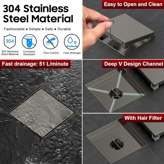 DLONE Square Shower Drain | 6 Inch Gun Gray AISI 304 Stainless Steel Shower Drain with Tile Insert Panel, Shower Floor Drain in Bathroom, Balcony etc