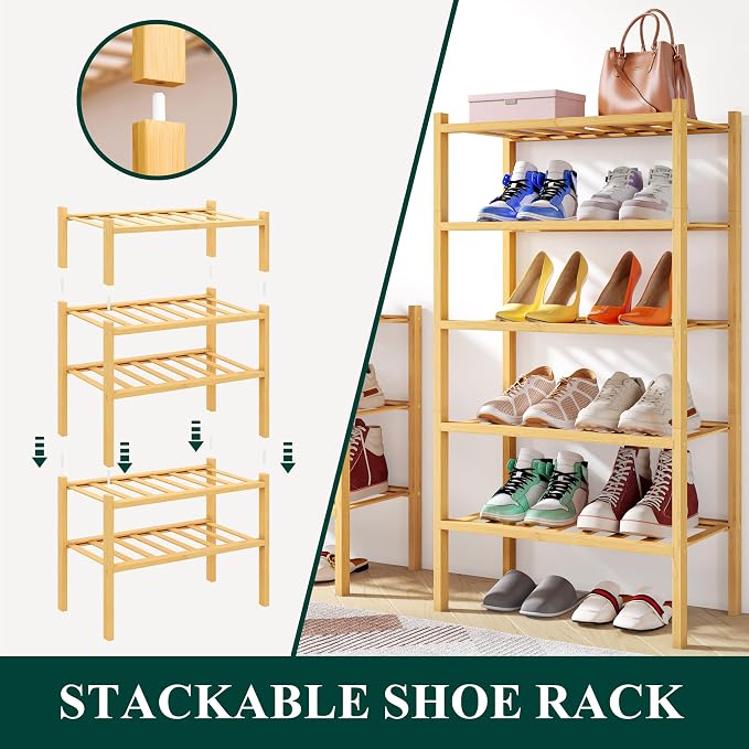 Smiry Small Bamboo Shoe Rack, 3 Tier Free Standing Wooden Shoe Organizer, Stackable Wood Shoe Storage Shelf for Closet, Entryway, 12 Vertical Slats, 2+1 Stack Standard Legs, 17.3"x11"x19.5", Natural