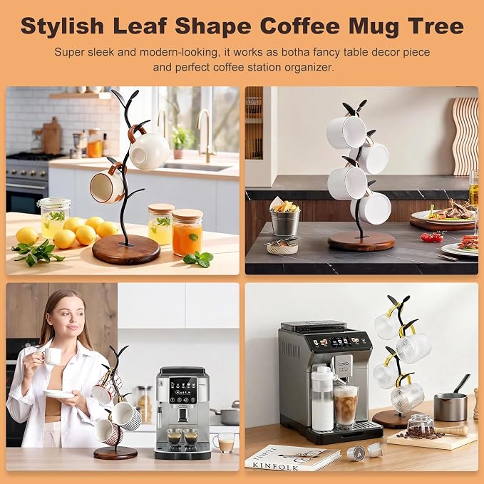 Mug Tree Holder, Bronze Metal Leaf Branch & Solid Wood Base Mug Holders, Countertop Coffee Mug Trees Organizer for Kitchen, 4 Hooks, Sleek Modern Decor for Coffee Station