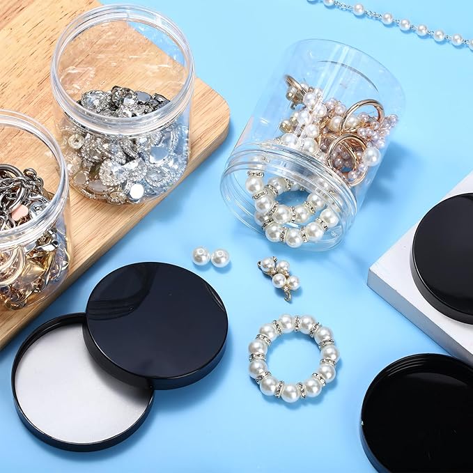 Irenare 24 Pcs 16 oz Plastic Jars with Lids Clear Plastic Containers Wide Mouth Food Mason Jars Airtight Storage Containers for Cake, Dried Fruit, Honey, Nuts, Carft, Scrub Cream(Black Lids)