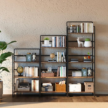 4NM No Assembly Folding Bookshelf, 4-Shelf 54" H Collapsible Foldable Bookcase Storage for Small Spaces, Rustic Brown and Black
