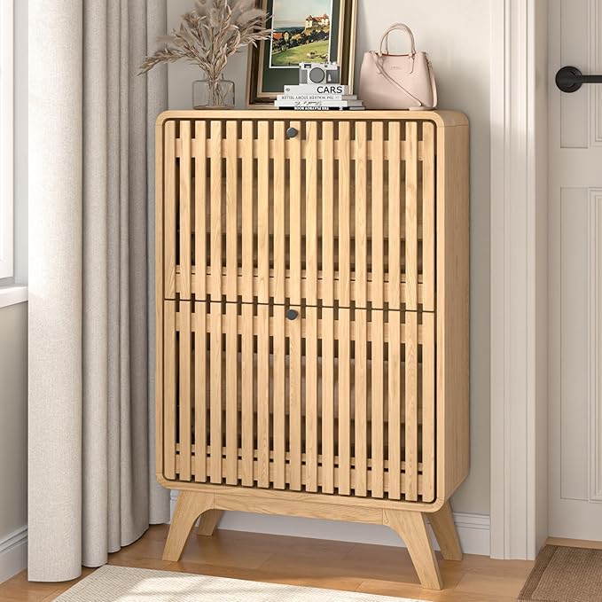 Narrow Shoe Cabinet Storage for Entryway, Modern Cabinet Rack with 2 Flip Drawers, Slim Wood Fluted Entry Way Shoe Organizer, Wooden, Small, Farmhouse, Freestanding, Natural Oak (39.4 Inch)