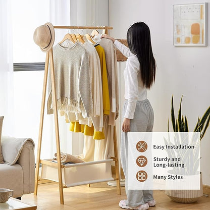 FILWH Bamboo Clothes Rack with Storage Box Foldable Garment Holder Coat Rack Freestanding Coat Stand Child Clothing Stand for Hanging Coat Dress up Racks (Natural, Large)