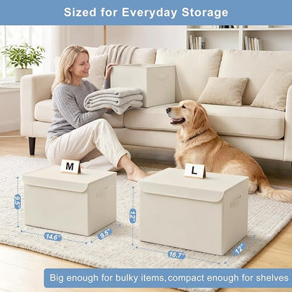 Bagnizer Large 22 Quart [4-Pack] Linen Fabric Foldable Storage Bin Cube Organizer Basket with Flip-Top Lid & Handles, Clothes Blanket Box for Home, Office, Closet (14.6 x 9.5 x 9.5, Beige)