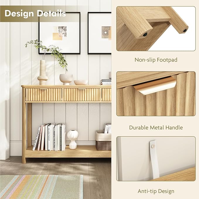 Fluted Console Table with Drawers, Modern 47.1" Entryway Table with Storage Shelf, Boho Narrow Skinny Behind Couch Wood Sofa Table for Living Room Hallway Entrance Foyer, Natural
