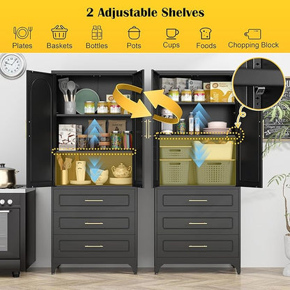 Metal Kitchen Pantry Storage Cabinet with 3 Drawers，75 Inch Black Food Pantry Cabinets for Kitchen Storage with 2 Adjustable Shelves,Tall Storage Cupboard for Living Room,Dining Room Office