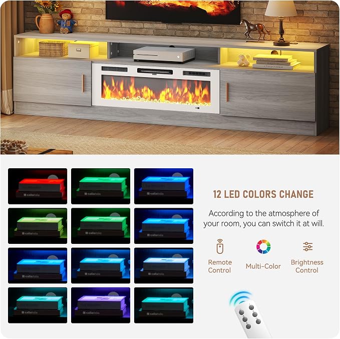 MXV 78" Fireplace TV Stand with Power Outlet for TVs UP to 90", Electric Fireplace Entertainment Center with LED Lights & Storage Cabinets, TV Console for Living Room, Office, Grey-White