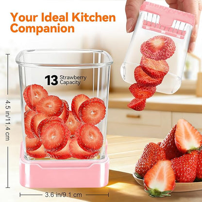 Strawberry Slicer & Fruit Slicer Cup – Ultra Sharp Stainless Steel Blades, Detachable Cutter with Push Plate – Rapid & Safe Slicing Kitchen Gadget for Quick Meal Prep (Pink)