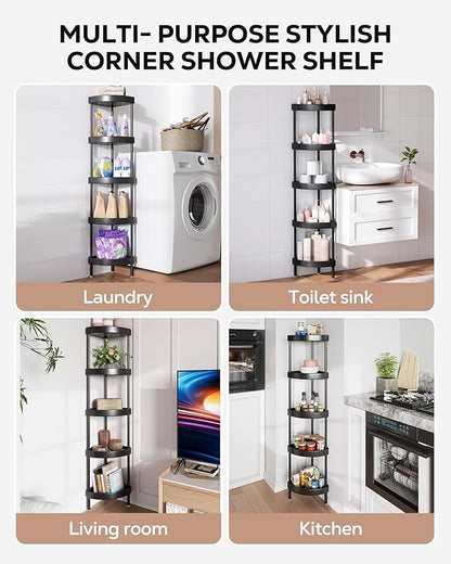 Nieifi Corner Shower Caddy Stand-5 Tier Rustproof Anodized Aluminum Standing Shower Organizer-Shower Caddy Corner-Dual Stability to Anti-Shaking-Height-Adjustable Legs for Uneven Surfaces-Black
