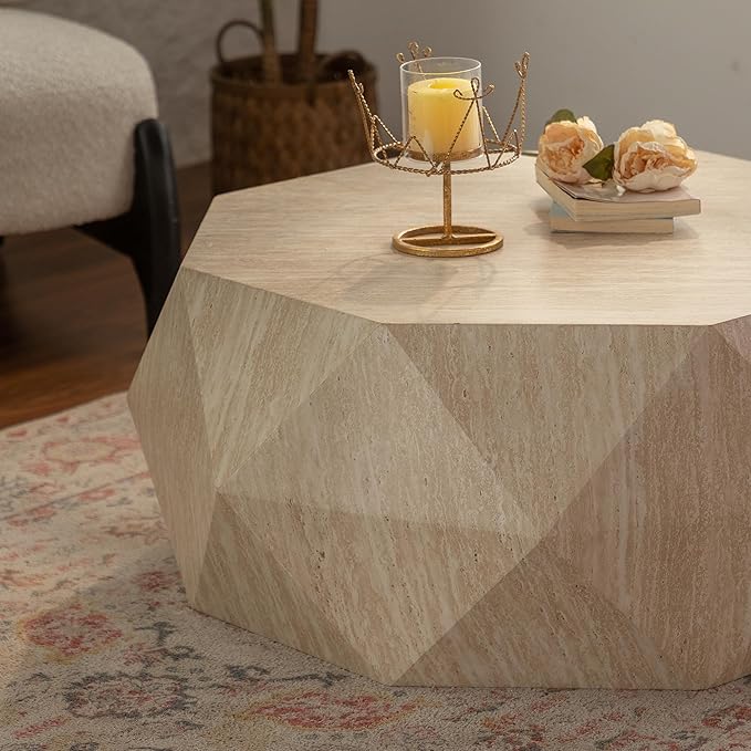 38.58" Modern Farmhouse Coffee Table, Drum American Retro Style Coffee Table for Office, Dining Room and Living Room, Natural