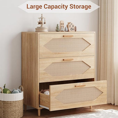GAOMON 3 Drawer Dresser for Bedroom, 31.5 Inch Wide Rattan Modern Closet Dressers Chest of Drawers, Wood Oak Storage Chest for Kids Bedroom, Hallway, Living Room, Hallway, Natural