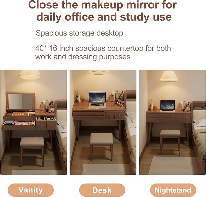 Wood Vanity Desk with Mirror and Lights, Dressing Vanity Table Vanity Set 4 Drawers, 40 Inch Large Make Up Vanity Table Wooden with 3 Lighting Modes for Bedroom Walnut(with Adapter)