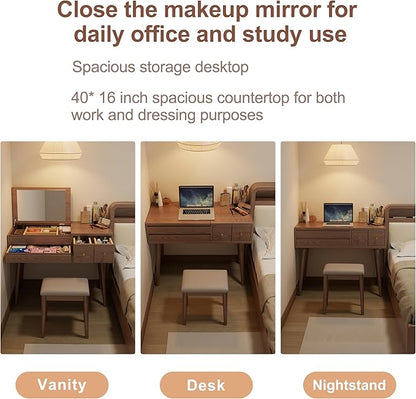 Wood Vanity Desk with Mirror and Lights, Dressing Vanity Table Vanity Set 4 Drawers, 40 Inch Large Make Up Vanity Table Wooden with 3 Lighting Modes for Bedroom Walnut(with Adapter)