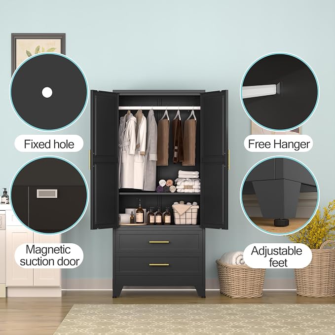 erosoei Metal Armoire Wardrobe Closet, 71 "Metal Clothing Storage Cabinet | with Adjustable Shelves and Hanging Rod, Household Steel Wardrobe Storage Cabinet with Drawers (Armoire-Black)