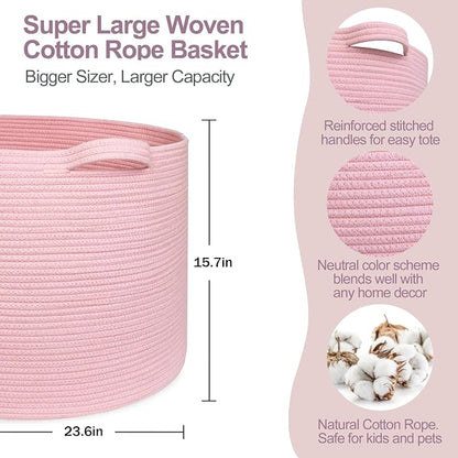 MEGASKET 115L Oversized Pink Basket, 23.6"x15.7" Woven Cotton Rope Bin with Handles, XXXL Blanket Storage for Living Room, Kids Toy Storage Bin Box, Baby Laundry Basket for Organizing, Pink Room Decor