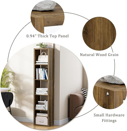 Tall Cube Storage Organizer Bookcase, 5 Tier 11 inch Open Back Cubical Shelf with Thickened Border, Display Bookshelf for Living Room, Home Office, Sturdy Room (Brown, 5 Cube,Vertical)