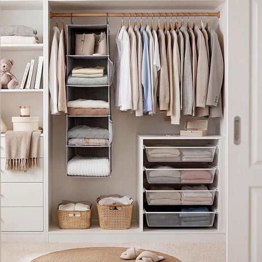 StorageWorks Hanging Closet Organizer, 5-Shelf Hanging Shelves with 2 Hooks, Foldable Space-Saving Design, Closet Organizers and Storage for Bedroom, Dorm, Locker, Gray
