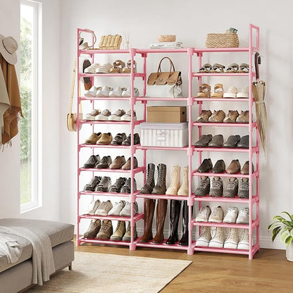 WOWLIVE 9 Tiers Shoe Rack Shoe Storage Shoe Organizer 50-55 Pairs Shoe Tower Unit Shelf Durable Metal Pipes with Plastic Connectors Stackable Cabinet Pink