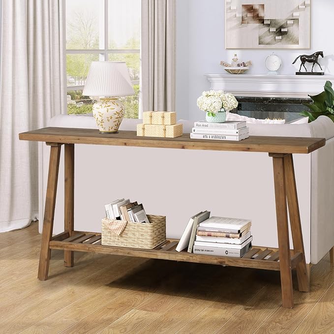 Reclaimed Solid Wood Console Table, 59" Long Farmhouse Entryway Tables, Rectangular Couch Table Behind Sofa, 2 Tiers Accent Tables for Hallway, Entrance, Foyer, Living Room