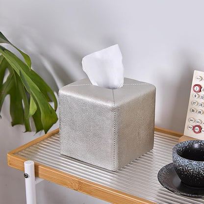 Silver Square Tissue Box Cover,Resin Heavy Sturdy Tissue Box Holder, Facial Paper Holder for Bathroom Vanity Countertop,Bedroom Night Stand,Office and End Table
