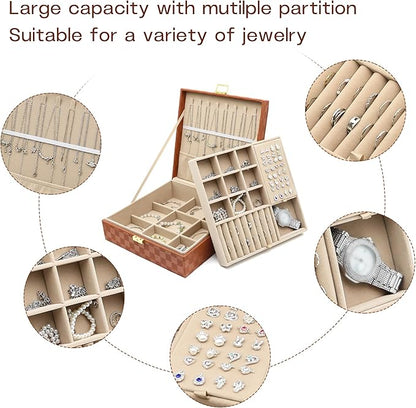 Jewelry Organizer Box, Jewelry Box Organizers for Women Girls, 2 Layers Large Leather Jewels Storage Case for Earring, Rings, Necklaces, Bracelets, Big and Small Jewellery, Watch, Ideal Gift (Brwon)