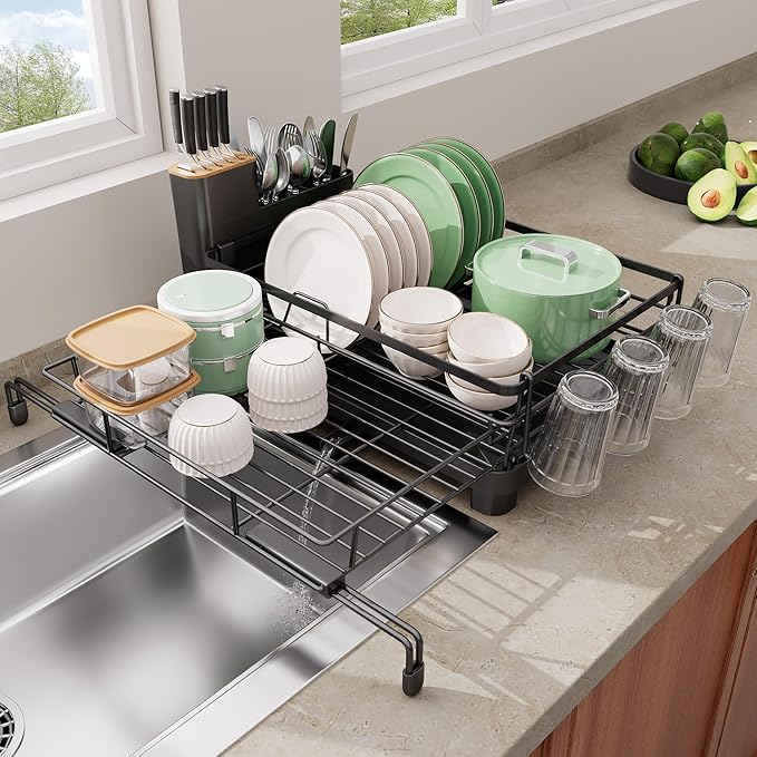 Runnatal Dish Drying Rack - Expandable Dish Rack, Large Drying Dish Drainer Over Sink with Drainboard, Utensil Holder & Cup Holder, Stainless Steel Dish Strainer for Kitchen Counter, Black