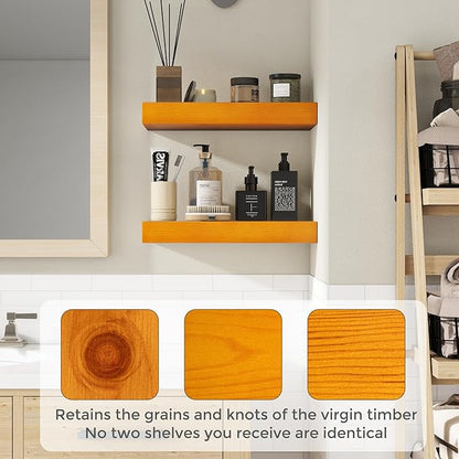 Marsmiles Wood Floating Shelves | Rustic Honey Oak Wall Shelves Set of 2 | 16" W x 7.7" D x 1.6" H Wooden Shelves for Bathroom Living Room Kitchen