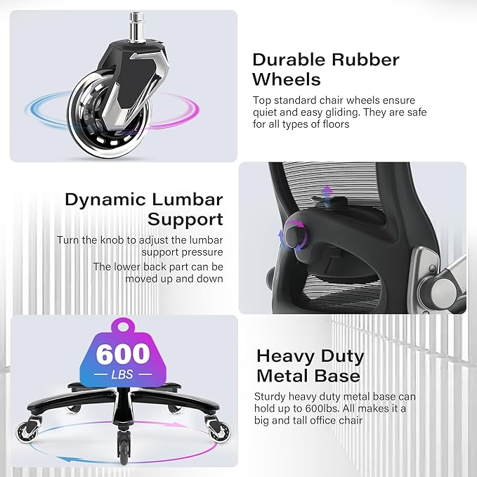 600lbs Big and Tall Office Chair- Heavy Duty Executive Computer Chair with 3D Flip Arms Large Wheels, Ergonomic Mesh High Back Desk Chair, Extra Wide Seat Adjustable Lumbar Support&Headrest