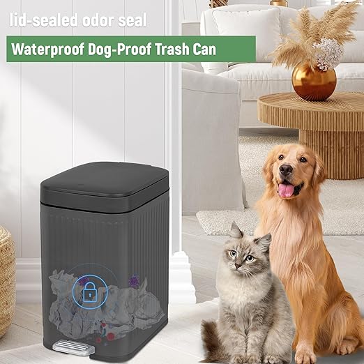 rejomiik Small Bathroom Trash Can with Lid Slim Soft Close Garbage Can Step Wastebasket Container Trash Bin for Office Bedroom Kitchen Living Room (2.6 Gallon Dark Gray)