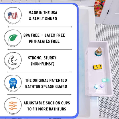 Tub Topper® Mini Bathtub Splash Guard for Kids - Compact Bath Splash Guard & Tub Play Shelf - Easy to Remove, Store & Clean - Patented Lip Design, Non-Silicone, BPA-Free, Made in USA (White)