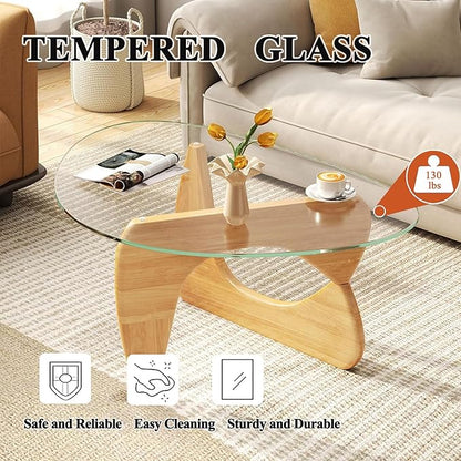 Mid Century Modern Glass Coffee Table, Coffee Table for Living Room, Noguchi Coffee Tables,Suitable for Bedroom Living Room Reception Office Tables (Wood/Transparent, ML)